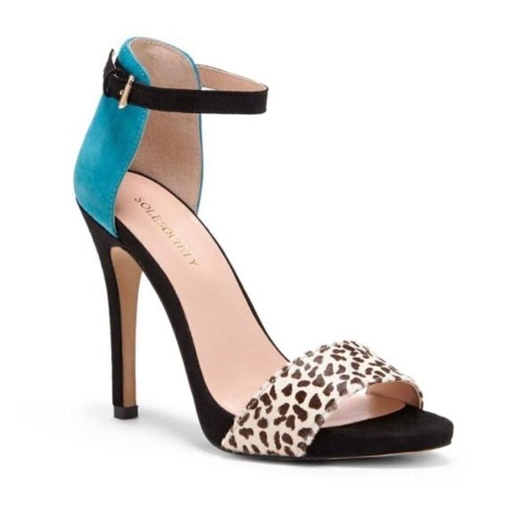 Sole Society Shoes - Sole Society Sheila Teal Animal Patterned Ankle Strap Stiletto Heels